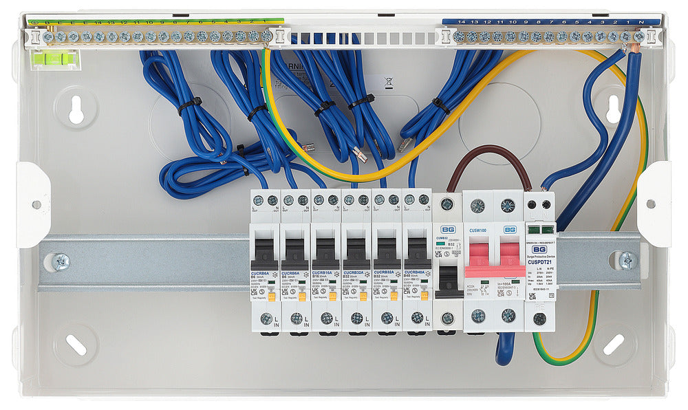 BG CFUSWP612ASPD 12 Way Consumer Unit + 100A Main Switch, 6 Type A RCBOS, SPD & 32A MCB - westbasedirect.com