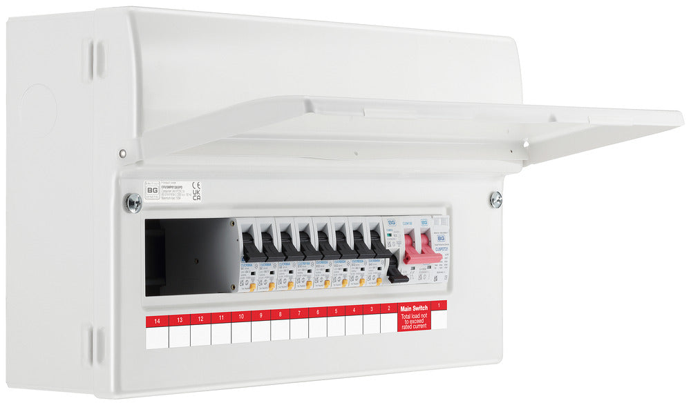 BG CFUSWP812ASPD 12 Way Consumer Unit + 100A Main Switch, 8 Type A RCBOS, SPD & 32A MCB - westbasedirect.com