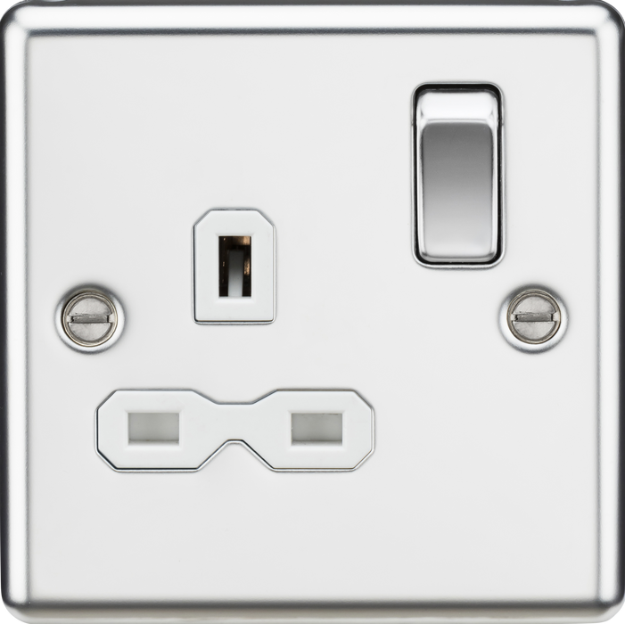 Knightsbridge CL7PCW Rounded Edge 13A 1G DP Switched Socket - Polished Chrome + White Insert - westbasedirect.com