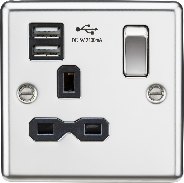 Knightsbridge CL91PC Rounded Edge 13A 1G Switch Socket +2xUSB 2.1A - Polished Chrome + Black Insert - westbasedirect.com