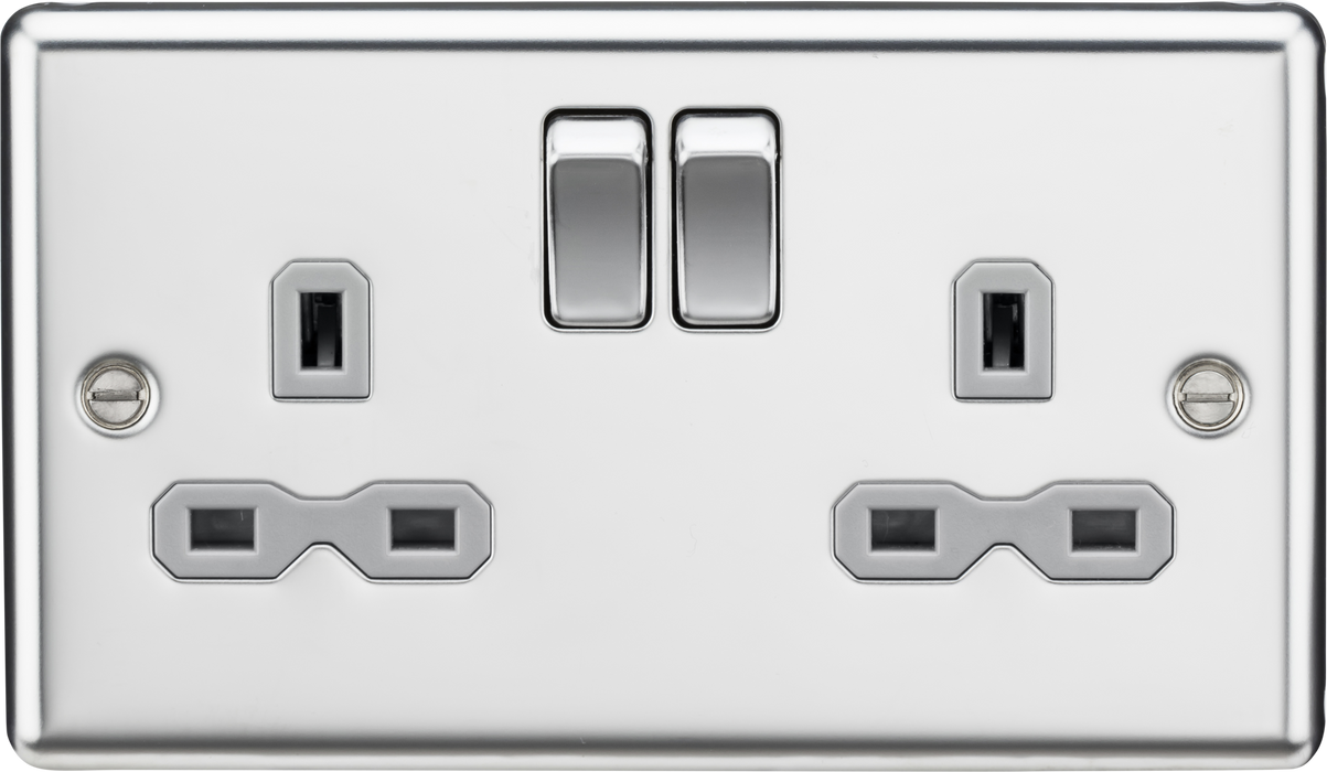 Knightsbridge CL9PCG Rounded Edge 13A 2G DP Switched Socket - Polished Chrome + Grey Insert - westbasedirect.com
