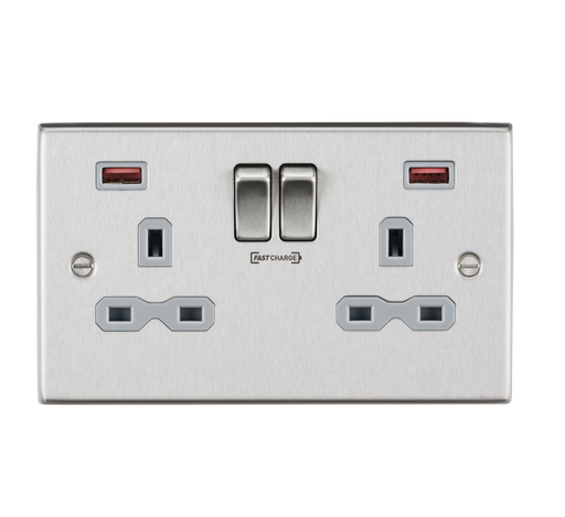 Knightsbridge CS9908BCG Square Edge 13A 2G DP Switch Socket + 2xUSB A+A FAST - Brushed Chrome + Grey Insert - westbasedirect.com