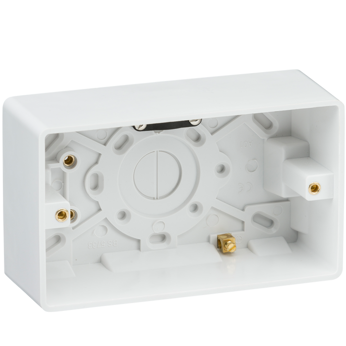 Knightsbridge CU1600 White Curved Double 47mm Pattress Box + Earth + Cable Strain Relief - westbasedirect.com