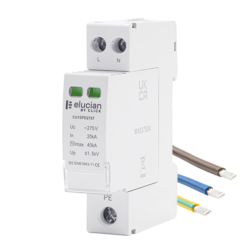 Click Elucian CU1SPD275T 2 Pole 18mm 275Uc 40kA Type 2 SPD with Tails - westbasedirect.com