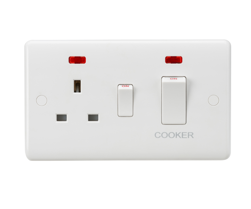 Knightsbridge CU8333NW White Curved 45A DP Cooker Switch + 13A Socket + Neon (White Rocker) - westbasedirect.com