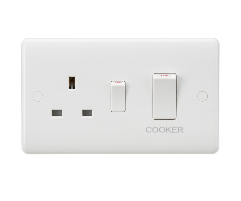 Knightsbridge CU8333W White Curved 45A DP Cooker Switch + 13A Socket (White Rocker) - westbasedirect.com