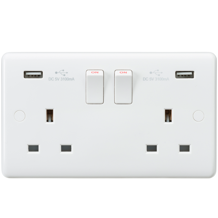 Knightsbridge CU9904 White Curved 13A 2G Switched Socket + 2xUSB 5V DC 3.1A - westbasedirect.com
