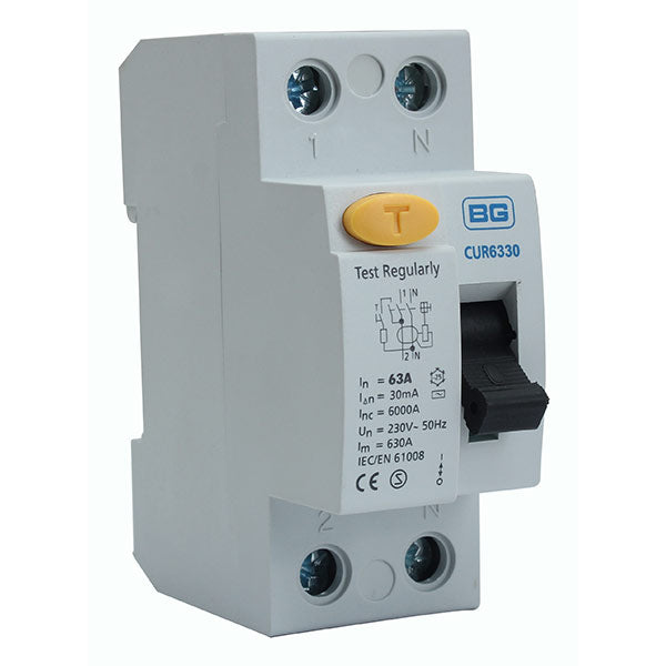 BG CUR6330A 63A Double Pole 2 Module 30mA Type A RCD - westbasedirect.com