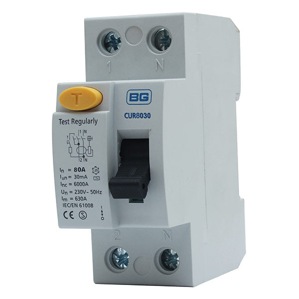 BG CUR8030A 80A Double Pole 2 Module 30mA Type A RCD - westbasedirect.com