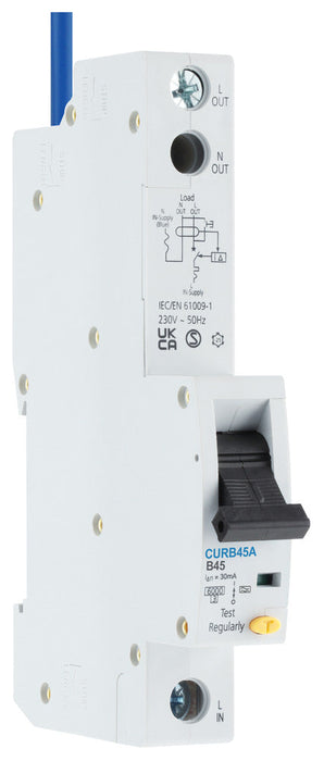 BG CURB45A 45A Single Pole 1 Module B Curve 6kA 30mA Type A RCBO - westbasedirect.com