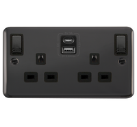 Click Deco Plus DPBN586BK 13A Ingot 2G Switched Socket + Type A&C USB - Black Nickel (Black)
