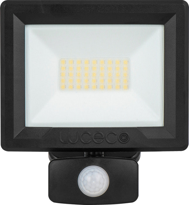 Luceco EFLD30B40P-06 30W Essence Security PIR Floodlight with Ball Joint 1m Cable - Dusk-Till-Dawn Override PIR - Black - westbasedirect.com