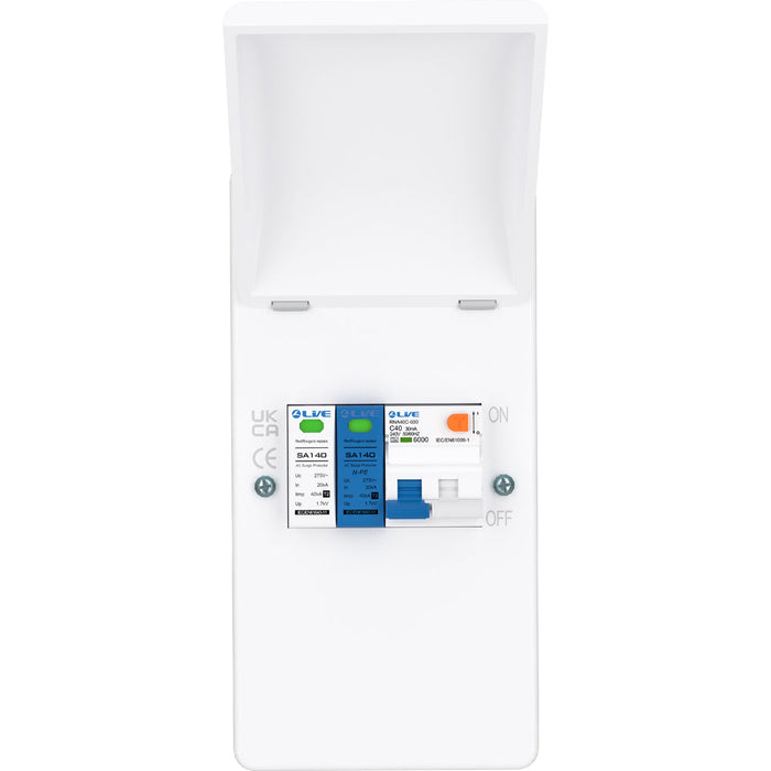 LIVE Electrical EMU4-SNR 4 Way IP40 Metal EV Charging Unit with 40A Type A DP RCBO C Curve & 20/40kA 1P+N Surge Protective Device - westbasedirect.com