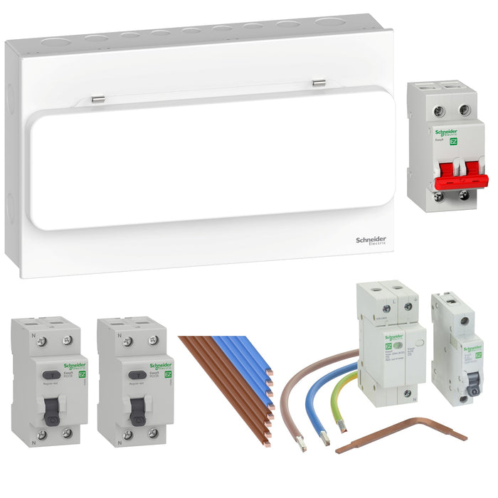 Schneider Electric EZ9CCU16SPLTSPD 16 Way Metal Compact Consumer Unit + 100A Main Switch, 2x 63A 30mA Type A RCCB & T2 SPD - westbasedirect.com