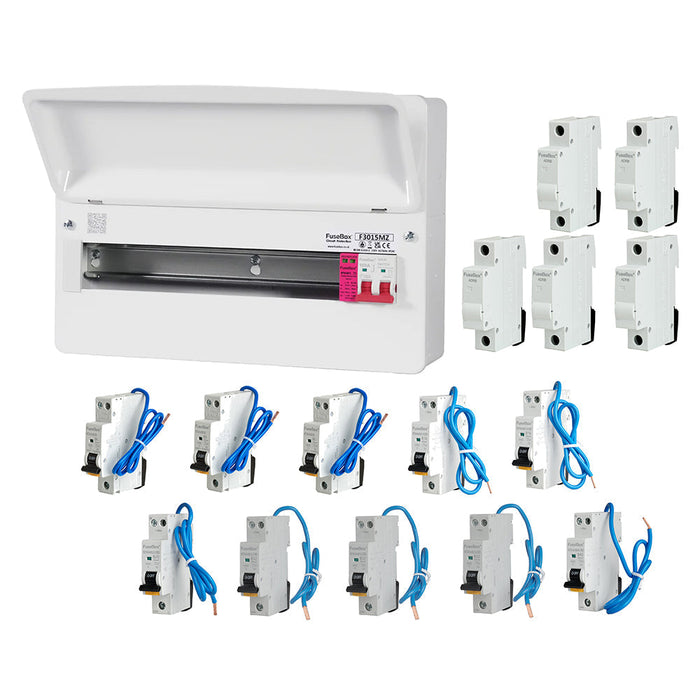FuseBox F3015MZ 15 Way T2 SPD Consumer Unit + 10 Type A Bi-Directional Mini RCBOs & 5x FREE DIN Rail Blanks