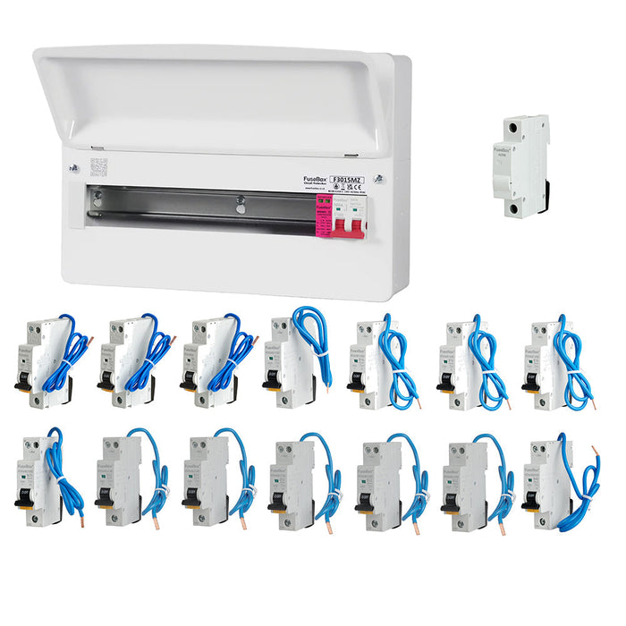 FuseBox F3015MZ 15 Way T2 SPD Consumer Unit + 14 Type A Bi-Directional Mini RCBOs & 1x FREE DIN Rail Blanks