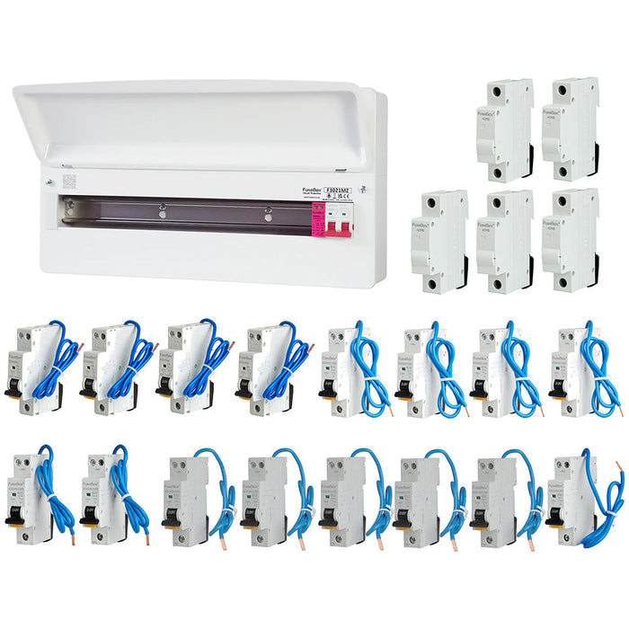 FuseBox F3021MZ 21 Way T2 SPD Consumer Unit + 16 Type A Bi-Directional Mini RCBOs & 5x FREE DIN Rail Blanks