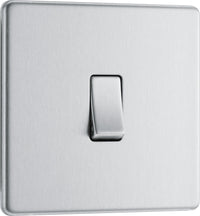 BG FBS12 Flatplate Screwless 20A 16AX 2 Way Single Light Switch - Brushed Steel