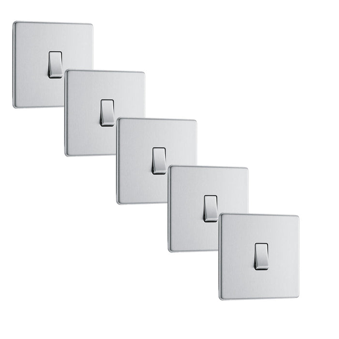 BG FBS12 Flatplate Screwless Single Light Switch 10A - Brushed Steel (5 Pack) - westbasedirect.com