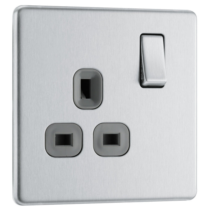 BG FBS21G Flatplate Screwless Single Socket 13A - Grey Insert - Brushed Steel - westbasedirect.com