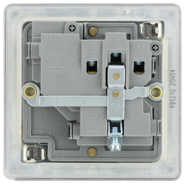 BG FBS21G Flatplate Screwless Single Socket 13A - Grey Insert - Brushed Steel - westbasedirect.com