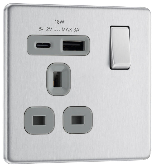 BG FBS21UAC18G Flatplate Screwless 13A Single Switched Power Socket + USB A+C (18W) - Brushed Steel + Grey Insert - westbasedirect.com