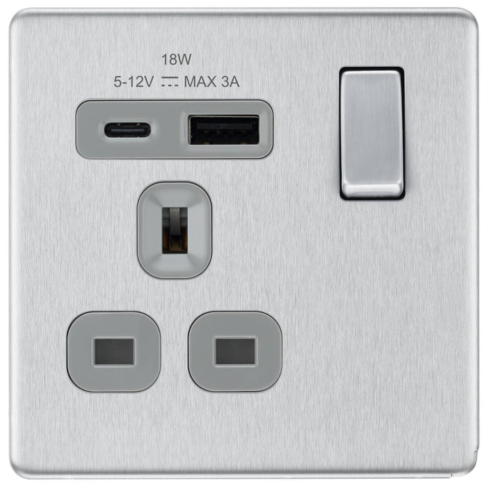 BG FBS21UAC18G Flatplate Screwless 13A Single Switched Power Socket + USB A+C (18W) - Brushed Steel + Grey Insert - westbasedirect.com