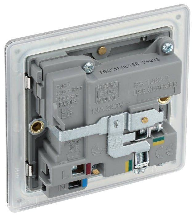 BG FBS21UAC18G Flatplate Screwless 13A Single Switched Power Socket + USB A+C (18W) - Brushed Steel + Grey Insert - westbasedirect.com