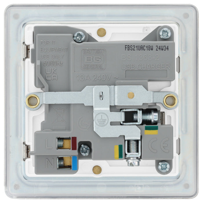 BG FBS21UAC18W Flatplate Screwless 13A Single Switched Power Socket + USB A+C (18W) - Brushed Steel + White Insert - westbasedirect.com