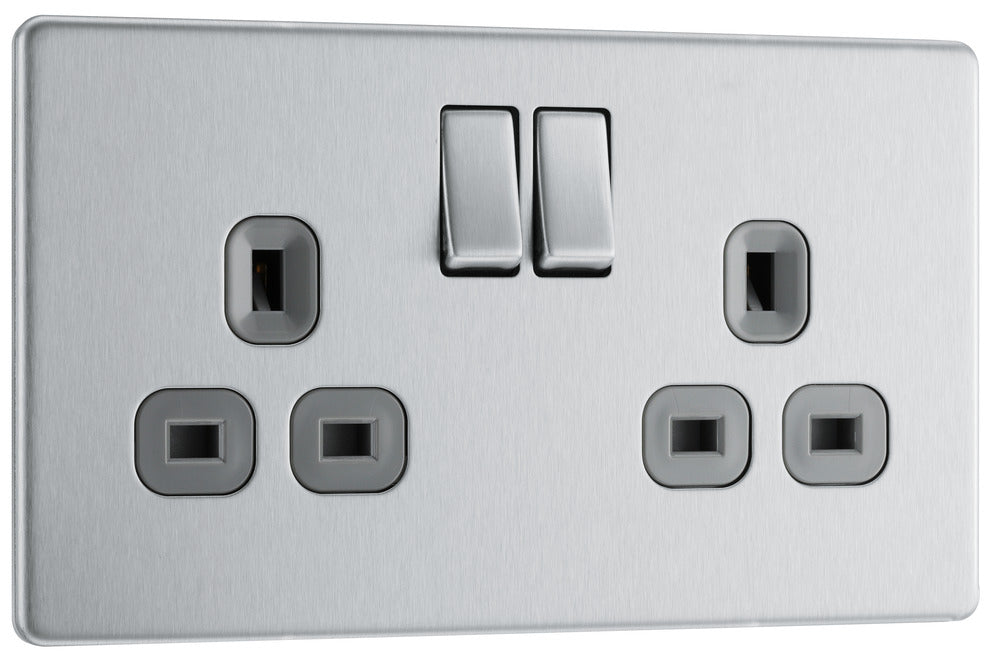 BG FBS22G Flatplate Screwless Double Socket 13A - Grey Insert - Brushed Steel - westbasedirect.com