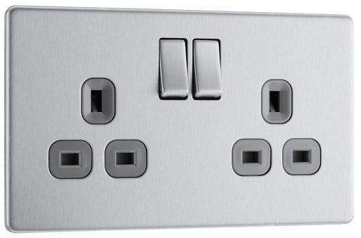 BG FBS22G Flatplate Screwless Double Socket 13A - Grey Insert - Brushed Steel - westbasedirect.com