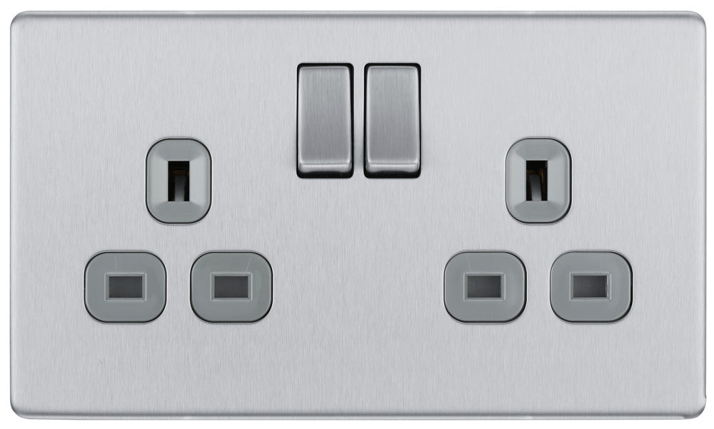 BG FBS22G Flatplate Screwless Double Socket 13A - Grey Insert - Brushed Steel - westbasedirect.com