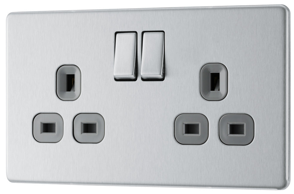 BG FBS22G Flatplate Screwless Double Socket 13A - Grey Insert - Brushed Steel - westbasedirect.com