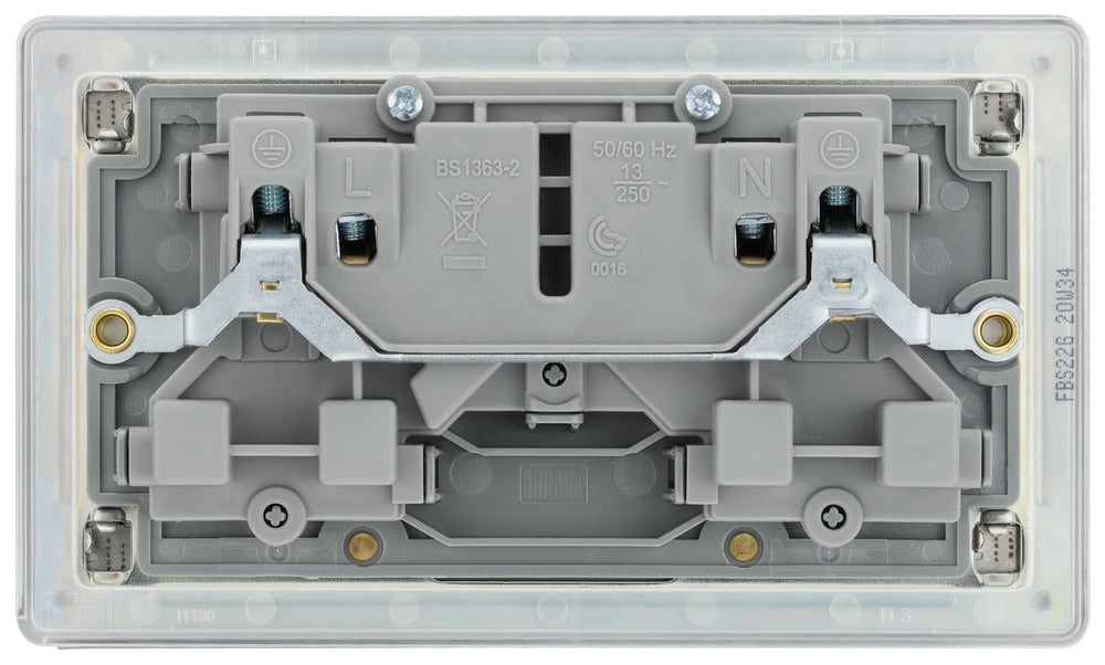 BG FBS22G Flatplate Screwless Double Socket 13A - Grey Insert - Brushed Steel (5 Pack) - westbasedirect.com