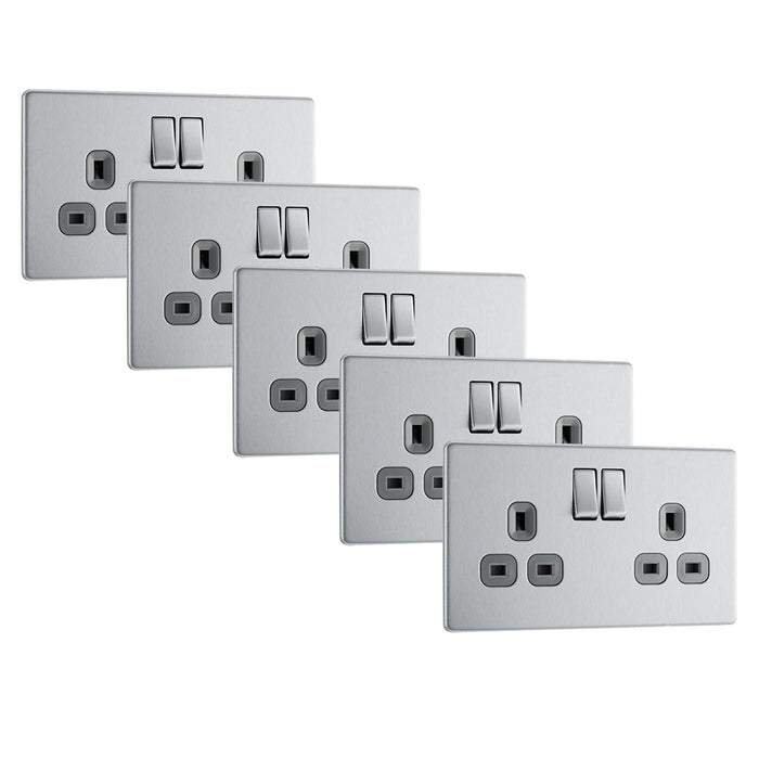BG FBS22G Flatplate Screwless Double Socket 13A - Grey Insert - Brushed Steel (5 Pack) - westbasedirect.com