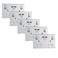 BG FBS22U3Wx5 Flatplate Screwless Double Socket + 2x USB(3.1A) - White Insert - Brushed Steel (5 Pack)