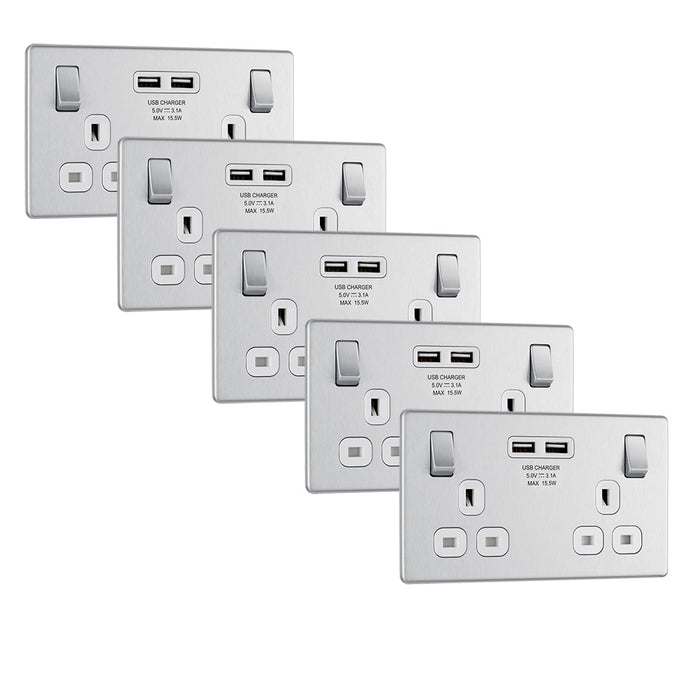 BG FBS22U3W Flatplate Screwless Double Socket + 2x USB(3.1A) - White Insert - Brushed Steel (5 Pack) - westbasedirect.com