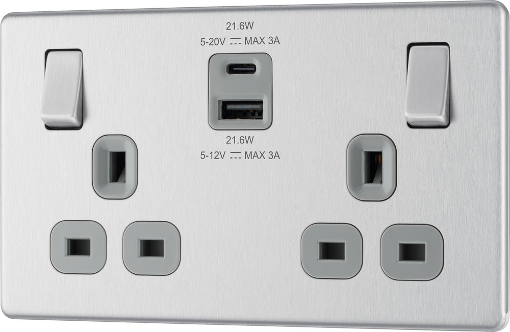 BG FBS22UAC22G Flatplate Screwless 13A Double Switched Power Socket + USB A+C (22W) - Brushed Steel + Grey Insert - westbasedirect.com