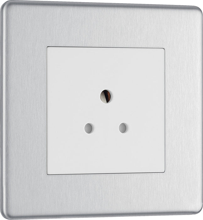 BG FBS28W Flatplate Screwless Unswitched Round Pin Socket 2A - White Insert - Brushed Steel - westbasedirect.com