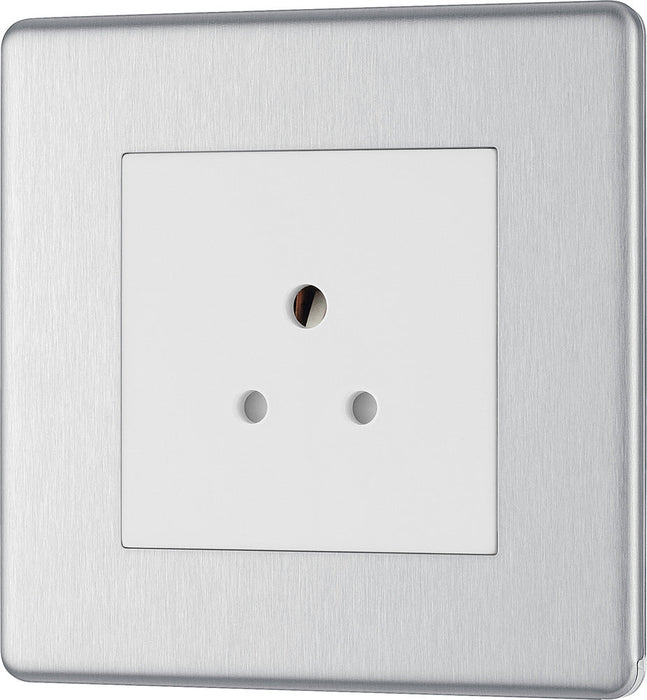 BG FBS28W Flatplate Screwless Unswitched Round Pin Socket 2A - White Insert - Brushed Steel - westbasedirect.com