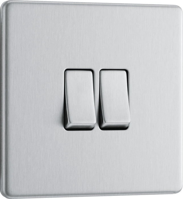 BG FBS42 Flatplate Screwless Double Light Switch 10A - Brushed Steel - westbasedirect.com
