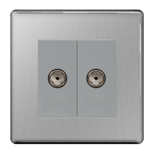 BG FBS63 Flatplate Screwless Isolated Double TV Aerial Socket - Grey Insert - Brushed Steel - westbasedirect.com