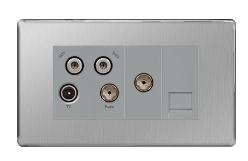 BG FBS69 Flatplate Screwless Quadplex TV FM SAT (x2) - Brushed Steel - westbasedirect.com