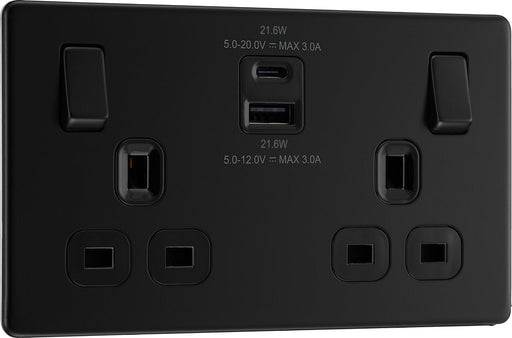 BG FFB22UAC22B Flatplate Screwless 13A Double Switched Power Socket + USB A+C (22W) - Matt Black + Black Insert - westbasedirect.com