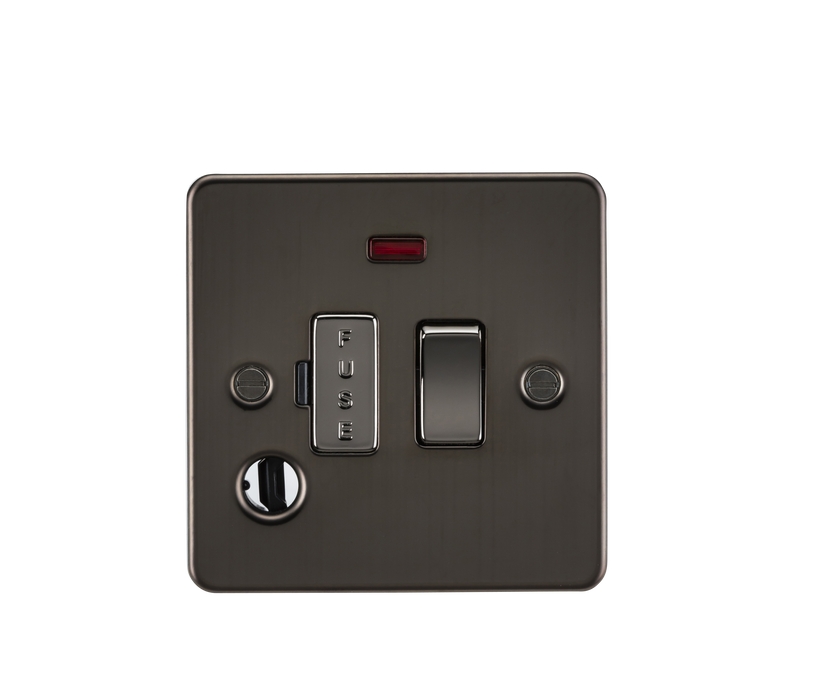Knightsbridge FP6300FGM Flat Plate 13A Switched Fused Spur Unit + Neon + Flex Outlet - Gunmetal - westbasedirect.com