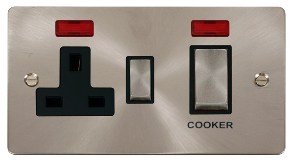 Click Define FPBS505BK Flat Plate 45A Ingot 2G DP Switch + 13A DP Switched Socket + Neon - Brushed Stainless (Black) - westbasedirect.com
