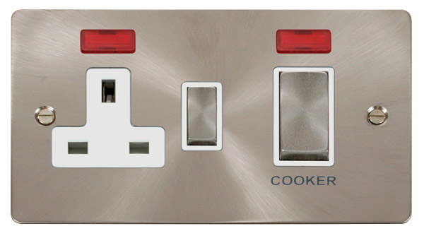 Click Define FPBS505WH Flat Plate 45A Ingot 2G DP Switch + 13A DP Switched Socket + Neon - Brushed Stainless (White) - westbasedirect.com