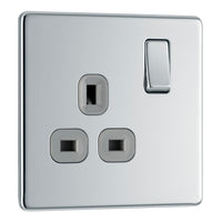 BG FPC21G Flatplate Screwless Single Socket 13A - Grey Insert - Polished Chrome