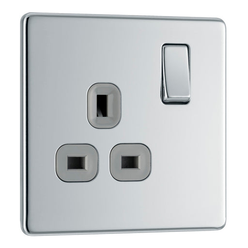 BG FPC21G Flatplate Screwless Single Socket 13A - Grey Insert - Polished Chrome - westbasedirect.com