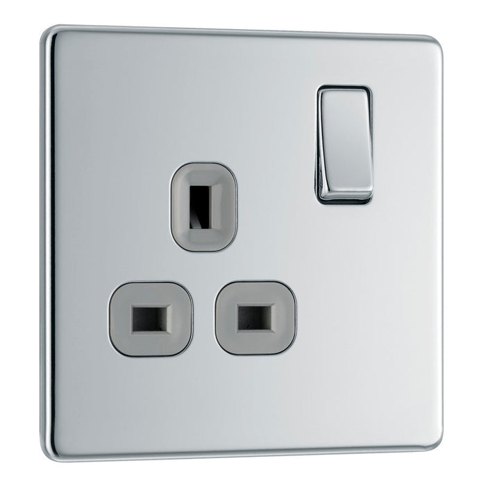 BG FPC21G Flatplate Screwless Single Socket 13A - Grey Insert - Polished Chrome - westbasedirect.com